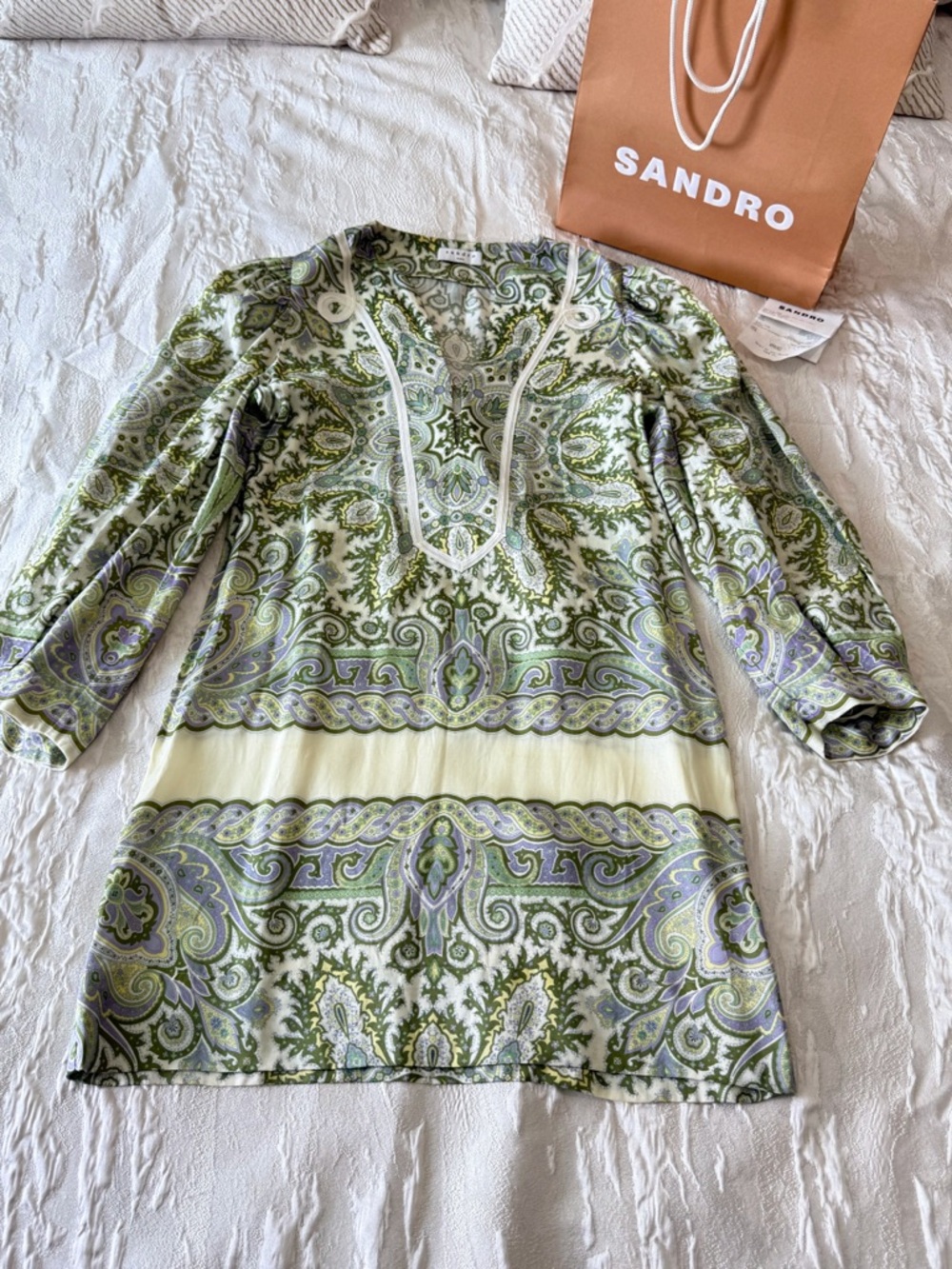 Sandro Green Paisley-Print Tunic with Cream Accents